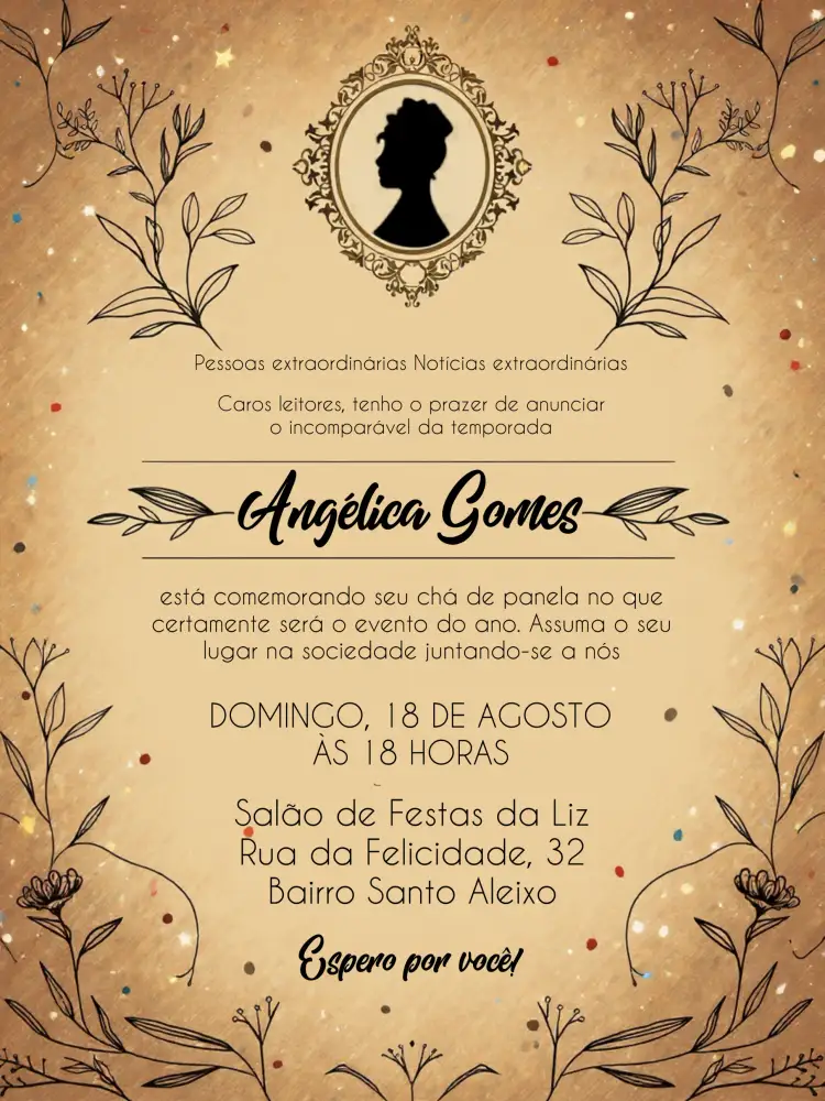 Convite Chá Panela Lady Whistledowns Bridgerton Aquarela – tema Chá de Panela aquarela, floral, cinza, elegante, romântico, vintage
