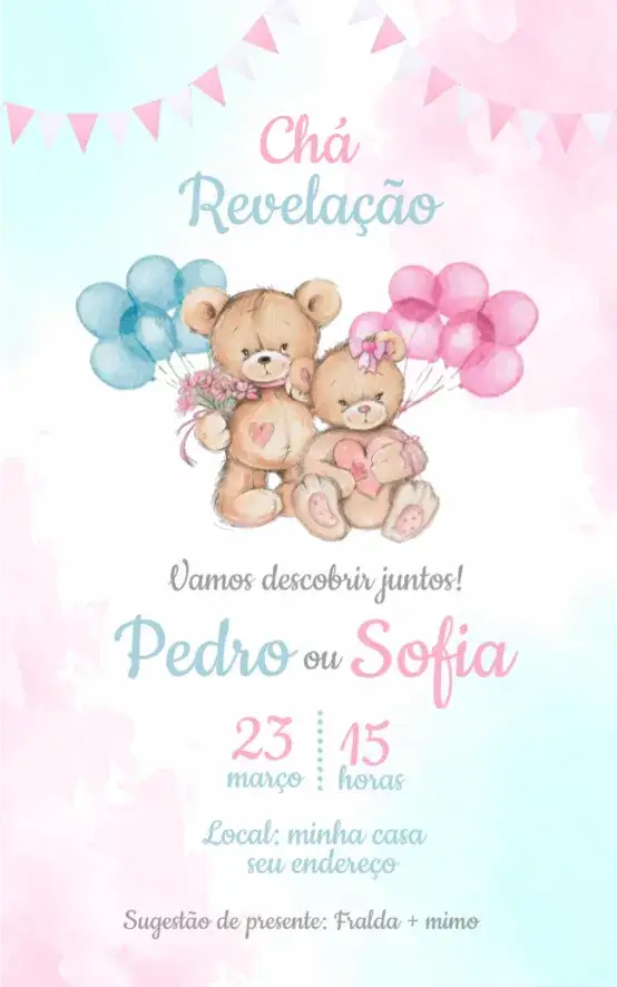 Convite Chá Revelação 1 – tema Chá de Fraldas aquarela, ursinhos, rosa e azul, divertido, infantil, balões
