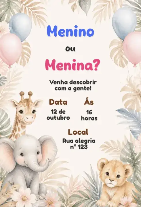 Convite Chá Revelação – tema Chá Revelação floral, moderno, colorido, minimalista, vintage