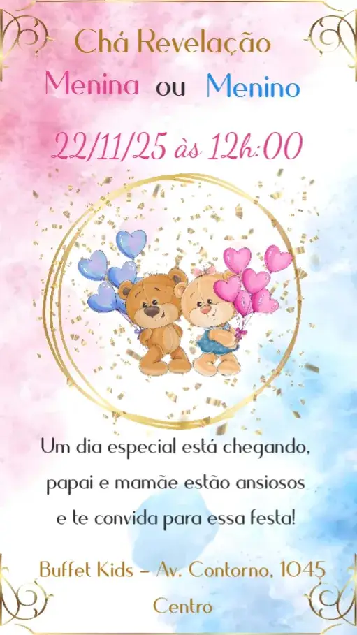 Convite Chá Revelação – tema Chá Revelação ursinhos, pastel, divertido, delicado, moderno