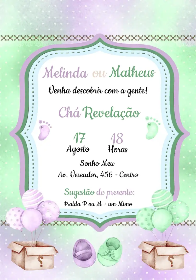 Convite Chá Revelação – tema Chá Revelação lilás, verde, moderno, divertido, minimalista, alegre