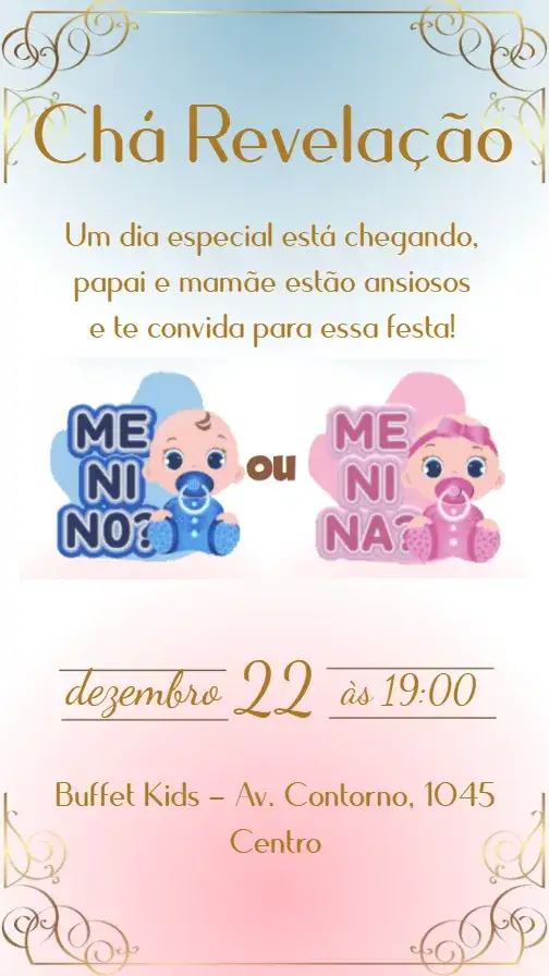 Convite Chá Revelação – tema Chá Revelação colorido, moderno, divertido, minimalista, lúdico, infantil
