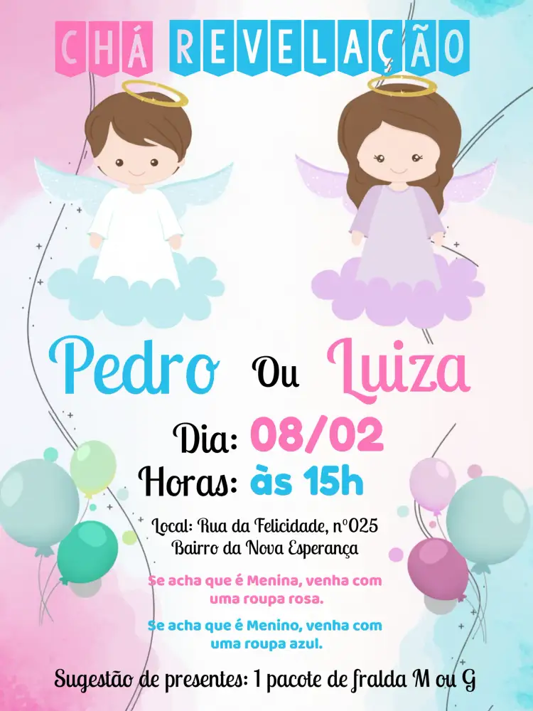 Convite Chá Revelação Anjinho E Anjinha Fralda – tema Chá Revelação delicado, lúdico, rosa e azul, infantil, moderno, gráficos de bebê