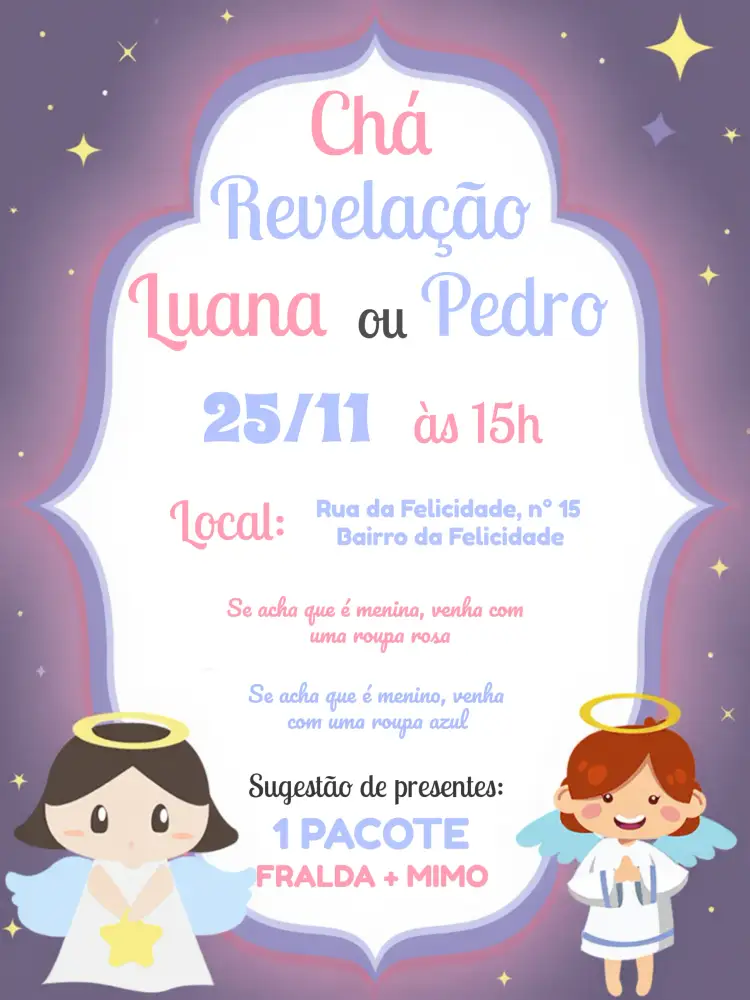 Convite Chá Revelação Anjinhos Azul – tema Chá Revelação azul, anjinhos, moderno, alegre, infantil