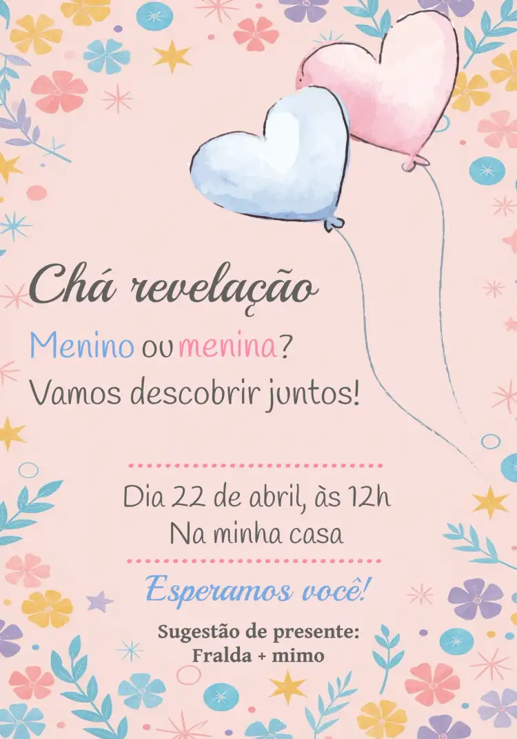 Convite Chá Revelação Aquarela Coração – tema Chá Revelação aquarela, floral, infantil