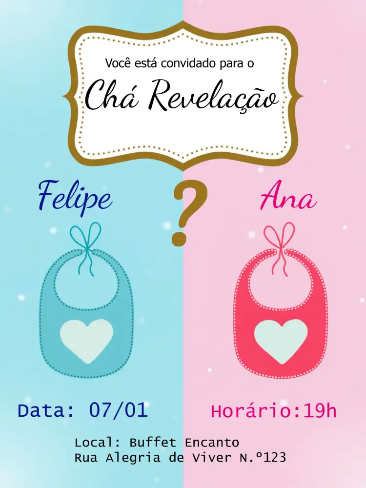 Convite Chá Revelação Babadores Moldura – tema Chá Revelação colorido, brincalhão, moderno, lúdico, azul e rosa