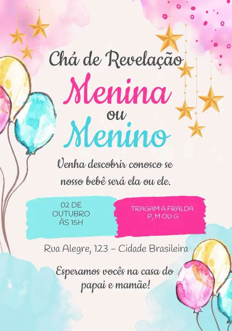 Convite Chá Revelação Balões – tema Chá Revelação colorido, festivo, moderno, divertido, alegre, jovial