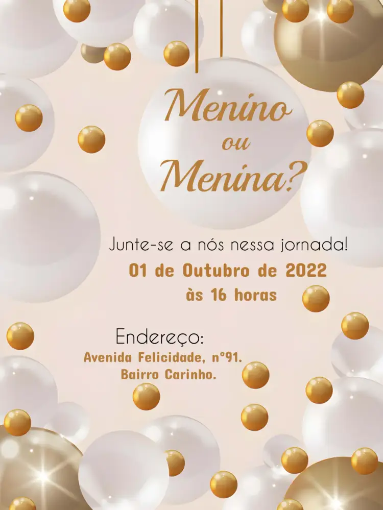 Convite Chá Revelação Balões Bexiga – tema Chá Revelação dourado, branco, marrom, neutro, balões, moderno
