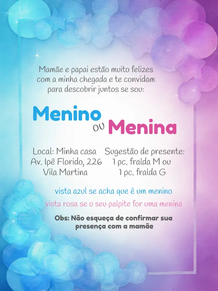 Convite Chá Revelação Balões Principe – tema Chá Revelação azul, lúdico, divertido, moderno, elegante, infantil