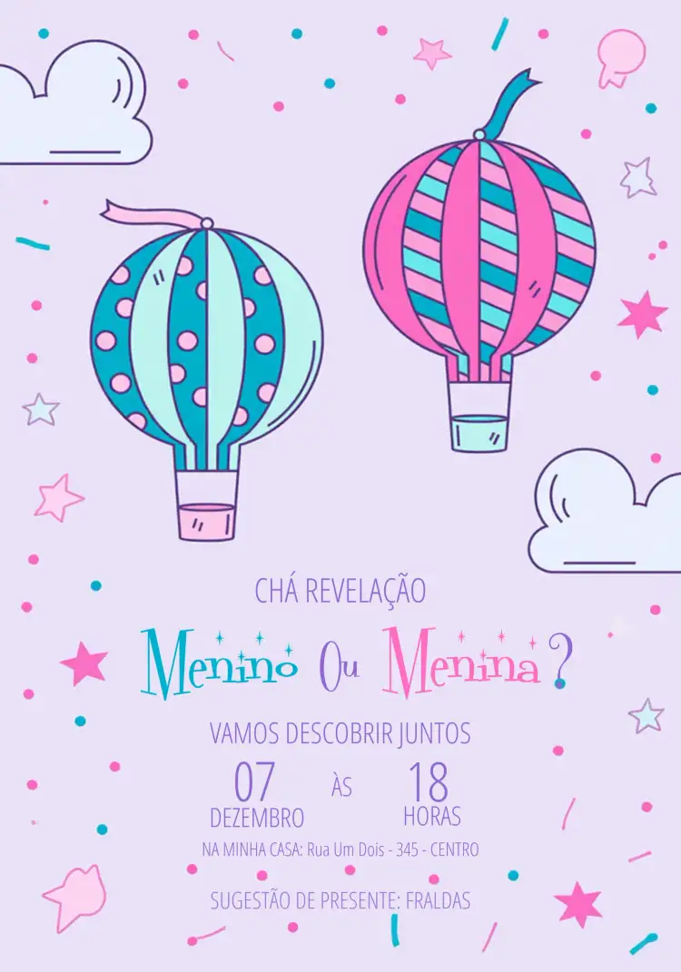 Convite Chá Revelação Balões Ursinhos – tema Chá Revelação colorido, fofo, infantil, moderno, divertido