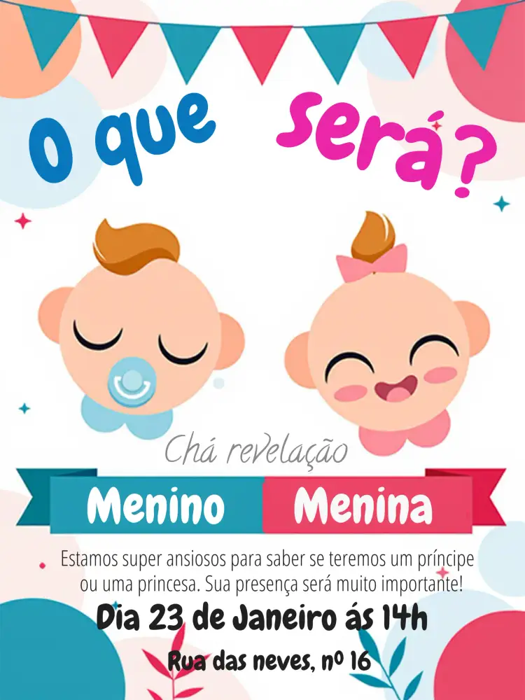 Convite Chá Revelação Bebês Bebe – tema Chá Revelação rosa e azul, divertido, moderno, ilustrações de bebê, estilo clean, elementos gráficos lúdicos