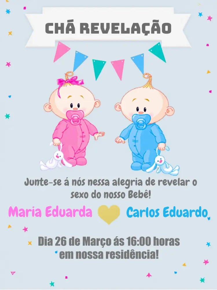 Convite Chá Revelação Bebês Coração