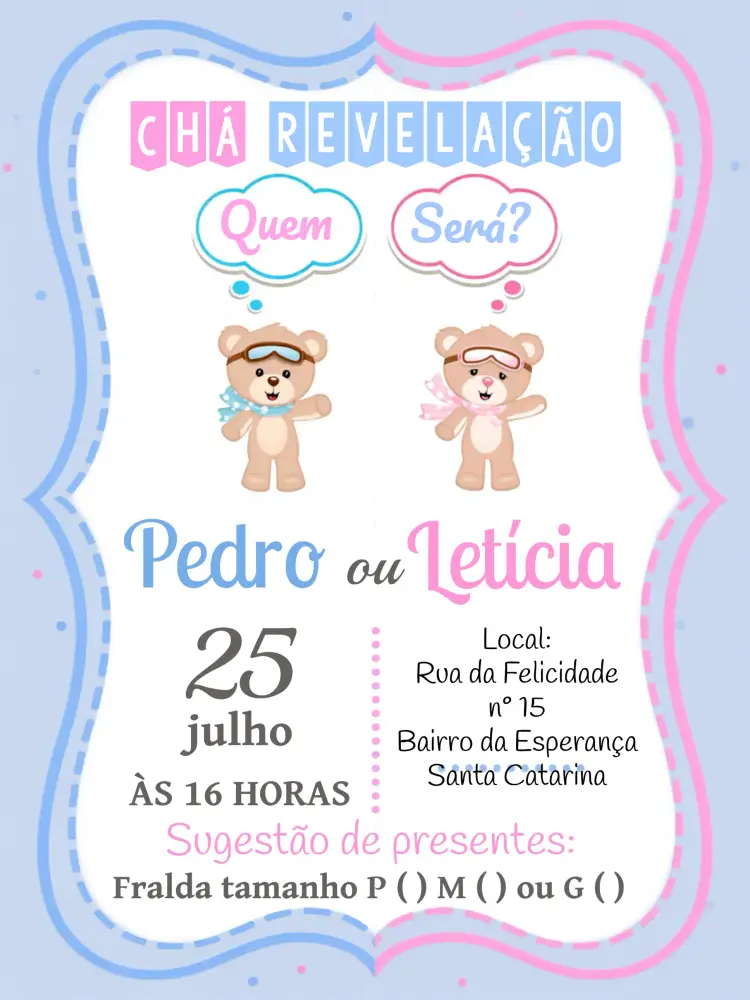 Convite Chá Revelação Bebês Digital