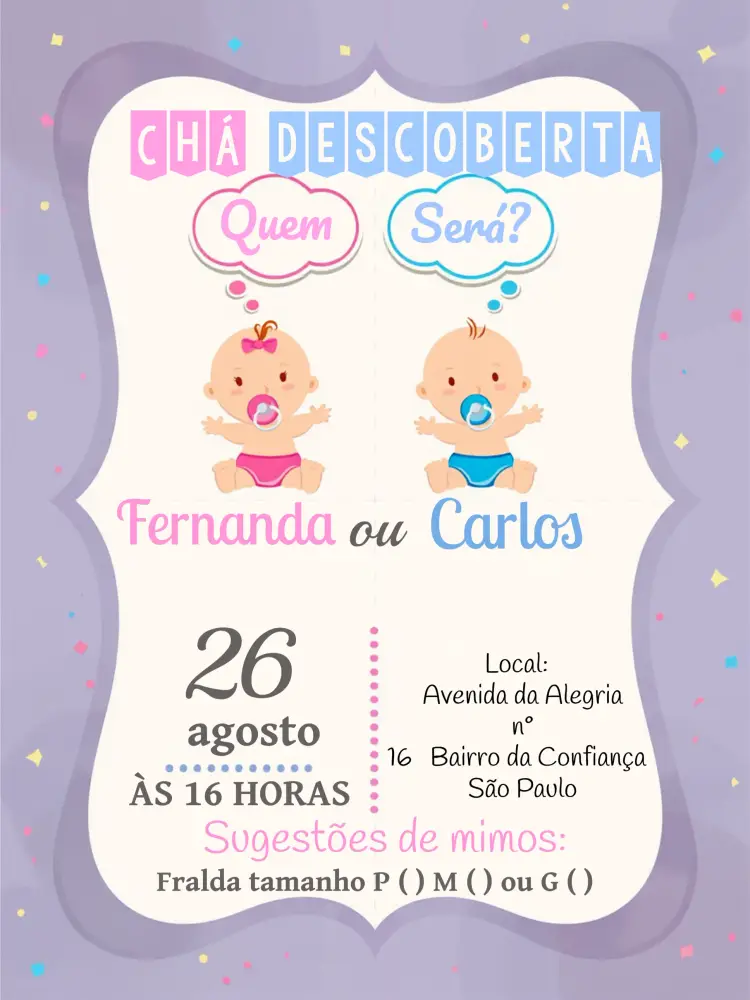 Convite Chá Revelação Bebês Digital