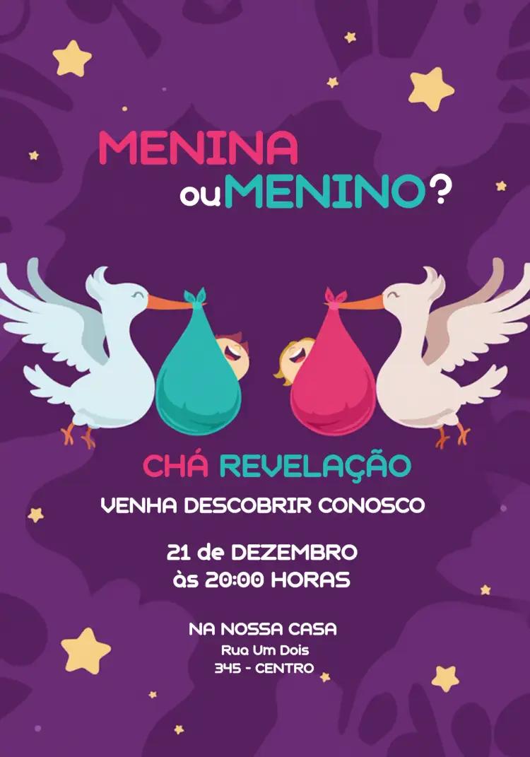 Convite Chá Revelação Cegonha Mimo – tema Chá Revelação lúdico, colorido, infantil, moderno, fofo