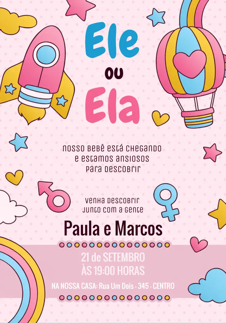 Convite Chá Revelação Chádebebê – tema Chá Revelação colorido, fofo, infantil, moderno, lúdico