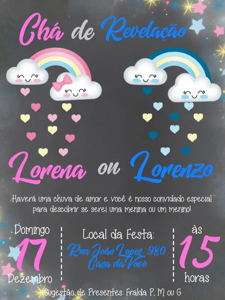 Convite Chá Revelação Chuva De Amor Menino – tema Chá Revelação chuva de amor, cores pastel, ilustrações fofas, estilo moderno, detalhes delicados, design alegre
