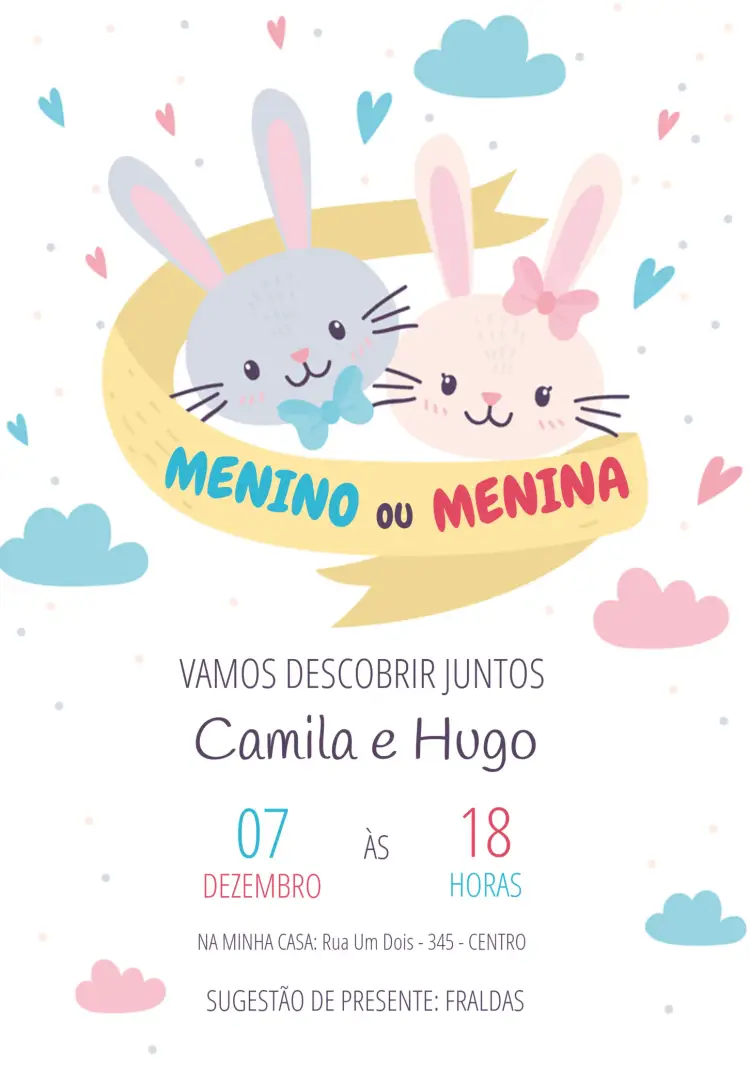 Convite Chá Revelação Coelhos Princesa