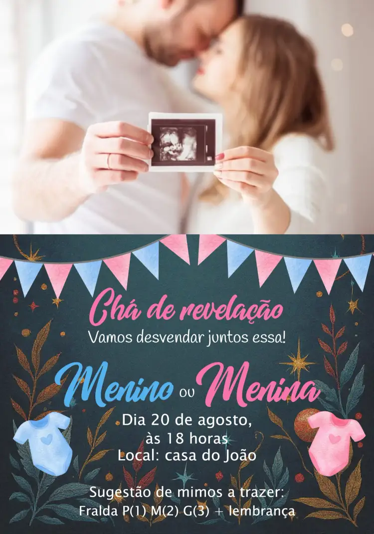 Convite Chá Revelação Com Foto Body – tema Chá Revelação moderno, colorido, divertido, minimalista, contemporâneo