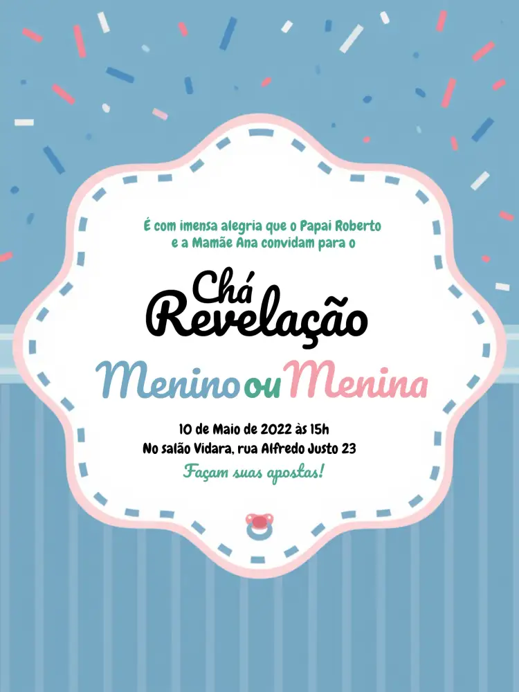 Convite Chá Revelação Coração – tema Chá Revelação moderno, colorido, delicado, minimalista, alegre, listrado