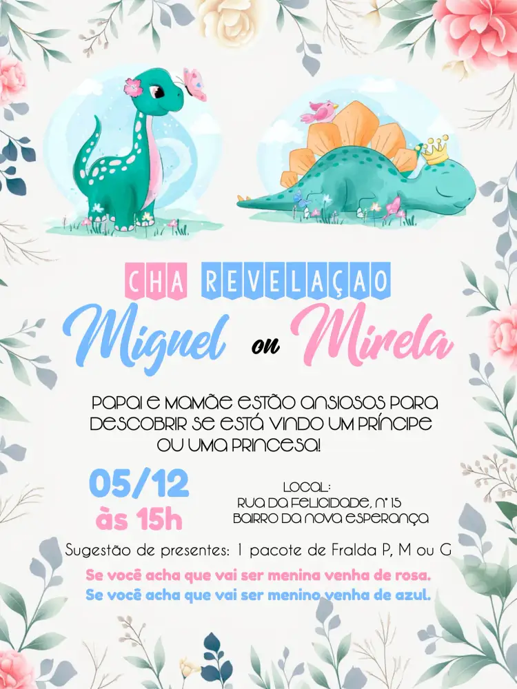 Convite Chá Revelação Dinossauro Aquarela – tema Chá Revelação aquarela, dinossauro, divertido, colorido, moderno, infantil