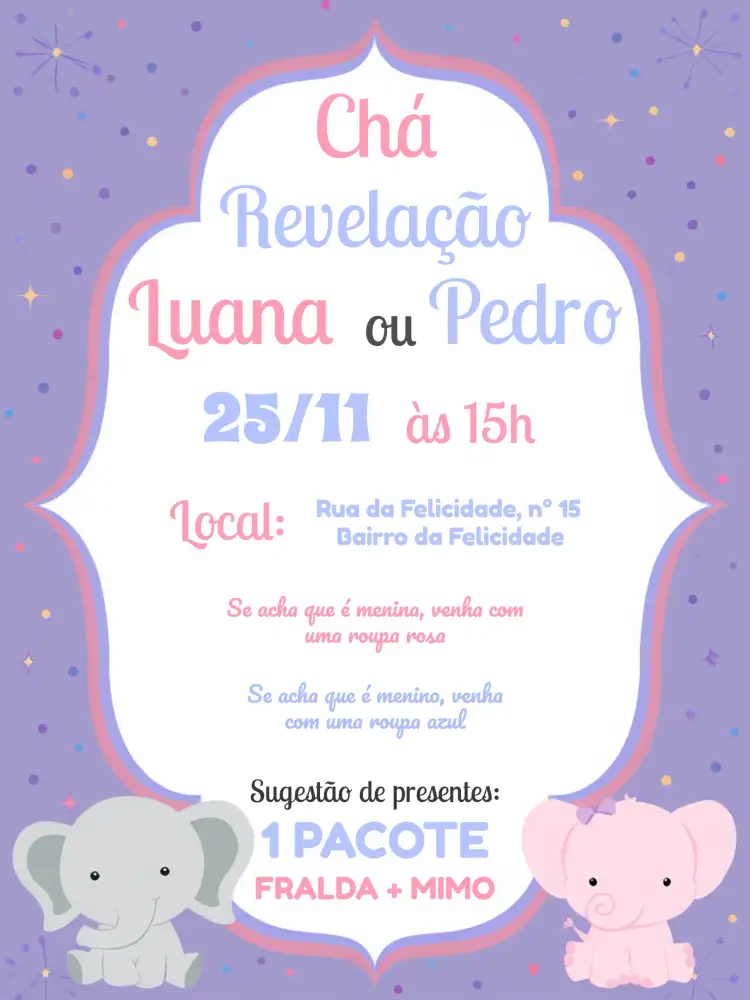 Convite Chá Revelação Elefante Branco – tema Chá Revelação elefante, rosa e azul, delicado, moderno, infantil, branco