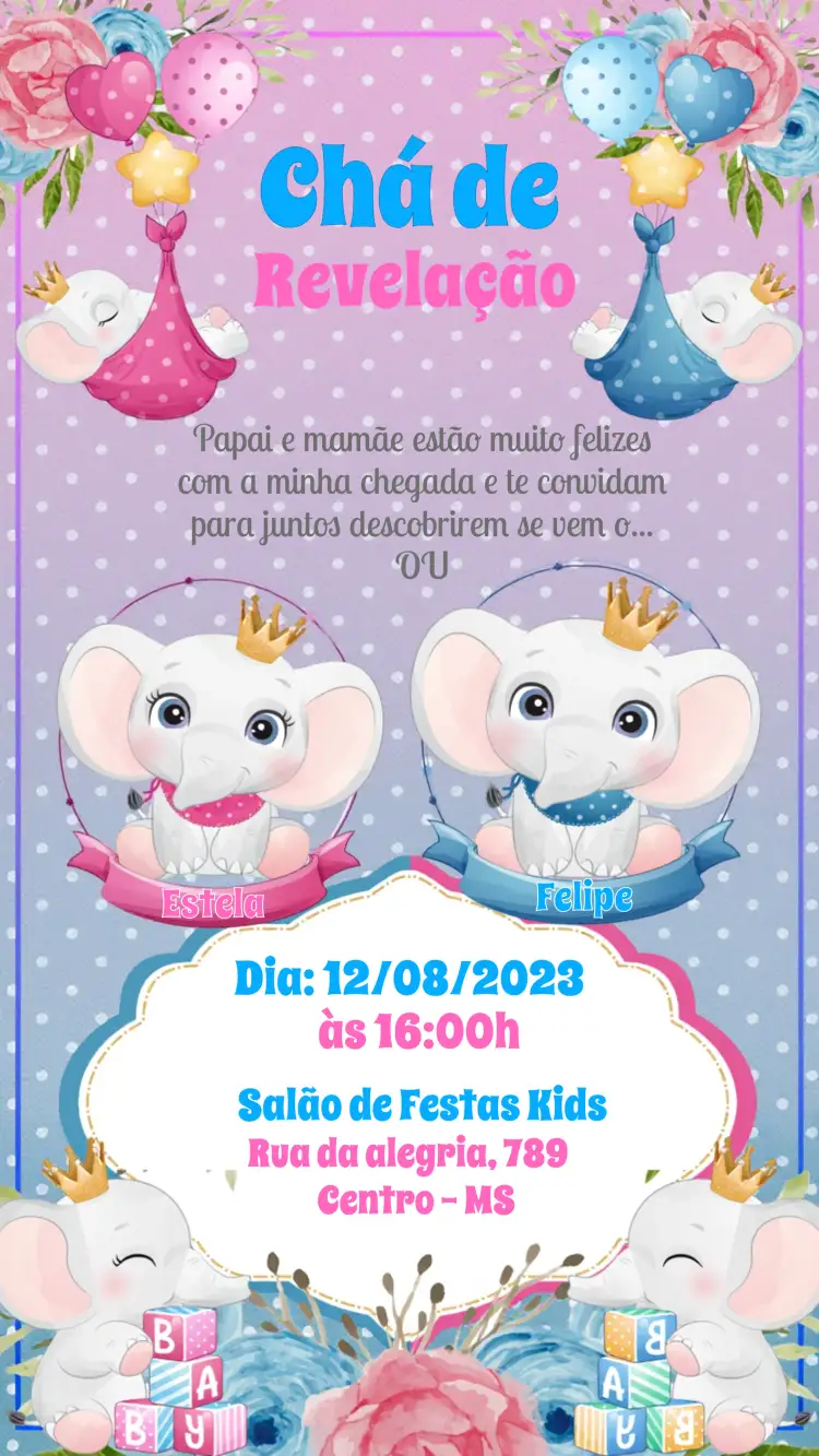 Convite Chá Revelação Elefante Menina – tema Chá Revelação elefante, rosa e azul, divertido, ilustrações infantis, moderno, colorido