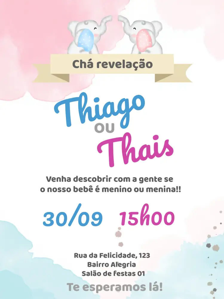 Convite Chá Revelação Elefantinho Azul – tema Chá Revelação fofo, infantil, azul, animal, divertido, colorido