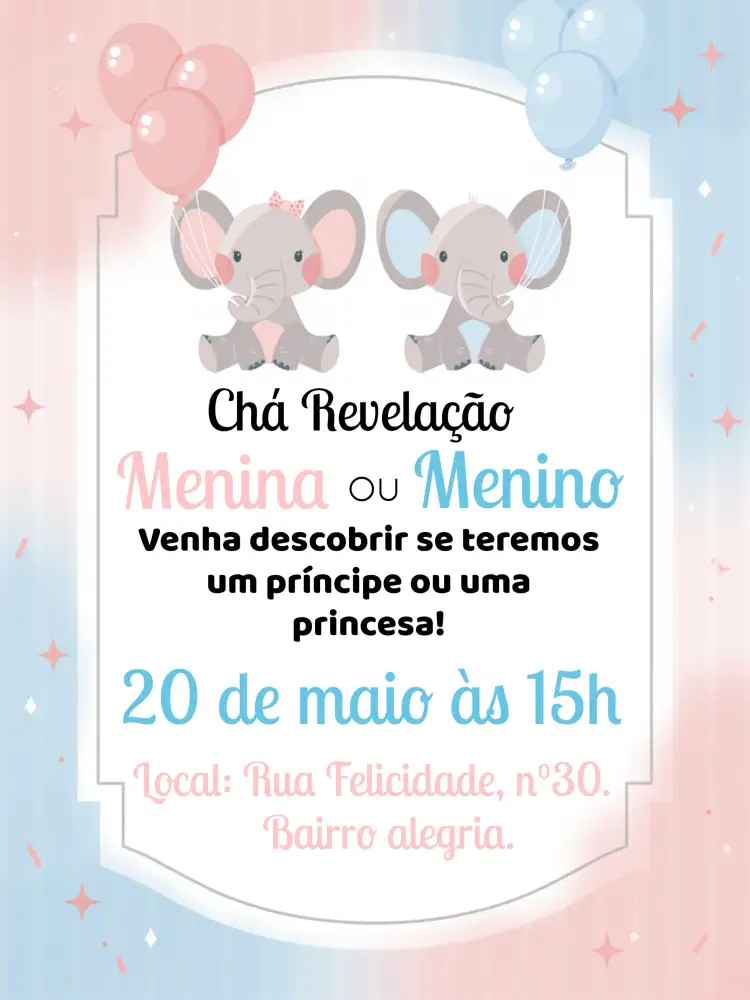 Convite Chá Revelação Elefantinhos Azul – tema Chá Revelação azul, branco, divertido, infantil, fofo, colorido