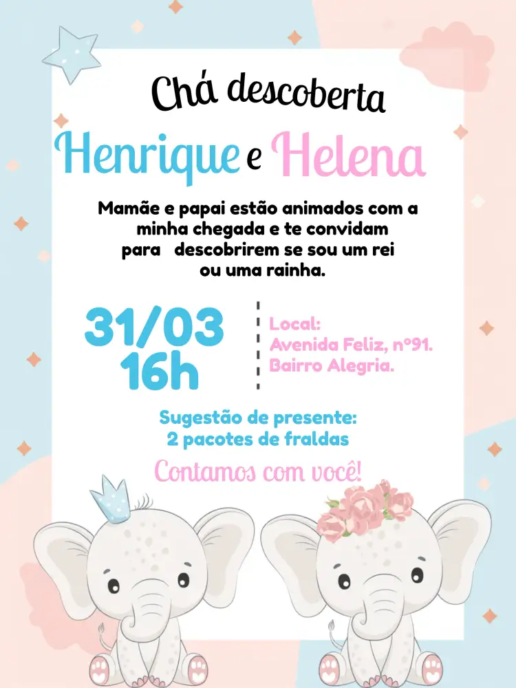 Convite Chá Revelação Elefantinhos Fralda