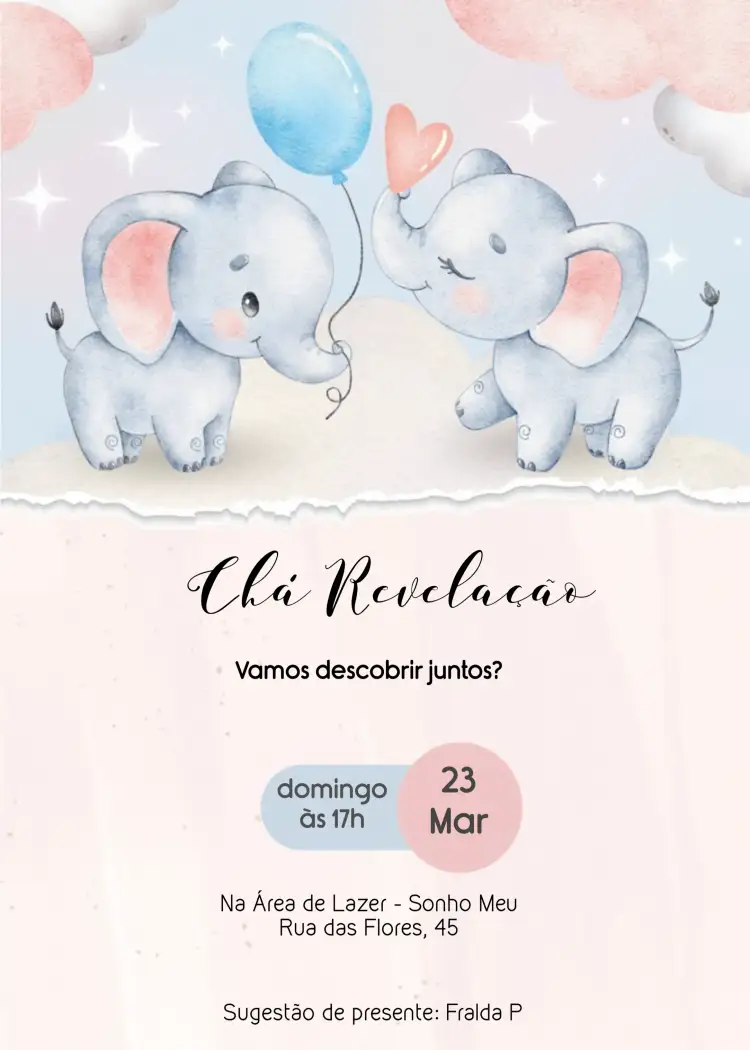 Convite Chá Revelação Elefantinhos Infantil – tema Chá Revelação aquarela, colorido, fofo, animais, infantil, brincalhão