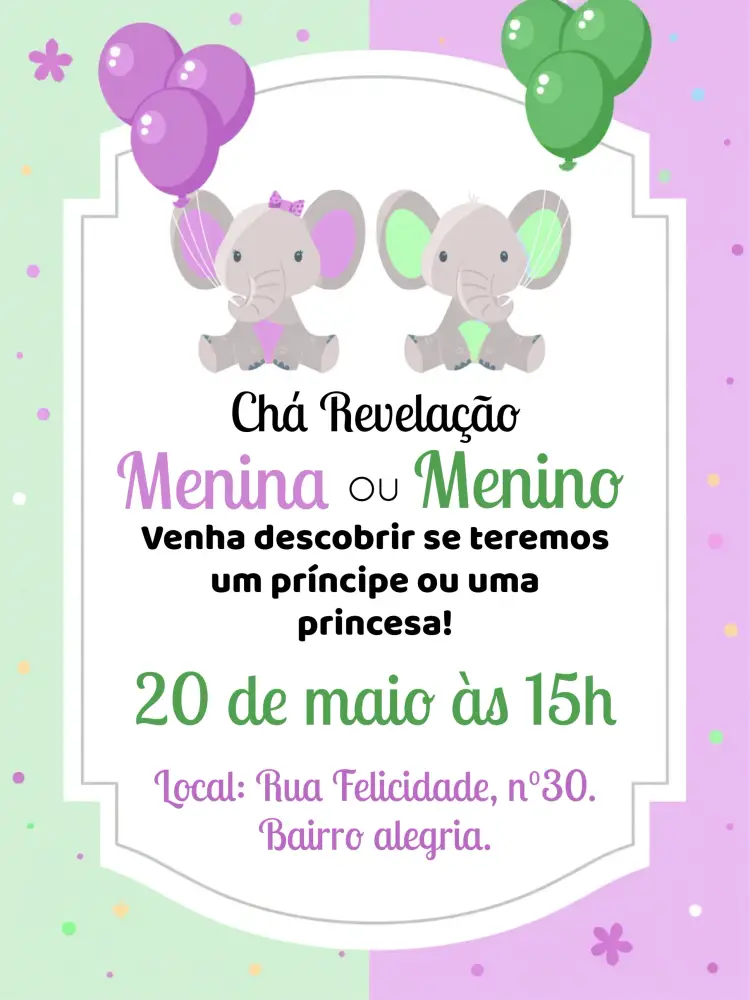 Convite Chá Revelação Elefantinhos Menina