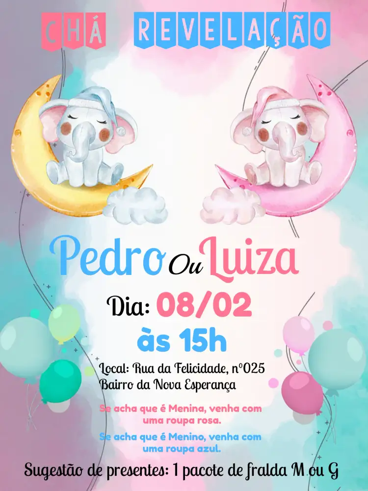 Convite Chá Revelação Elefantinhos Mimo – tema Chá Revelação colorido, lúdico, delicado, infantil, moderno