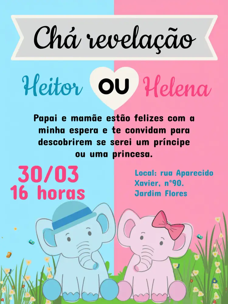 Convite Chá Revelação Elefantinhos Ou – tema Chá Revelação colorido, brincalhão, moderno, animais, fofo, infantil