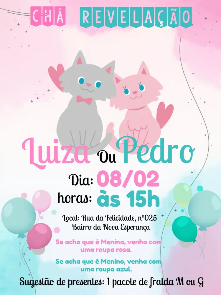 Convite Chá Revelação Gatinhos Menina – tema Chá Revelação cores pastel, gatinhos fofos, estilo lúdico, detalhes em rosa e azul, ilustrações encantadoras