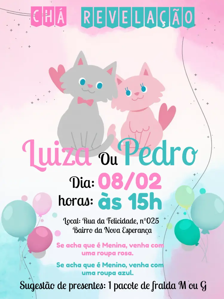 Convite Chá Revelação Gatinhos Menina