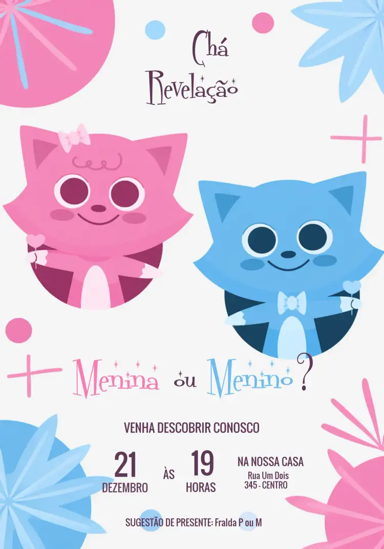 Convite Chá Revelação Gatinhos Princesa – tema Chá Revelação delicado, lúdico, colorido, fofo, infantil, moderno