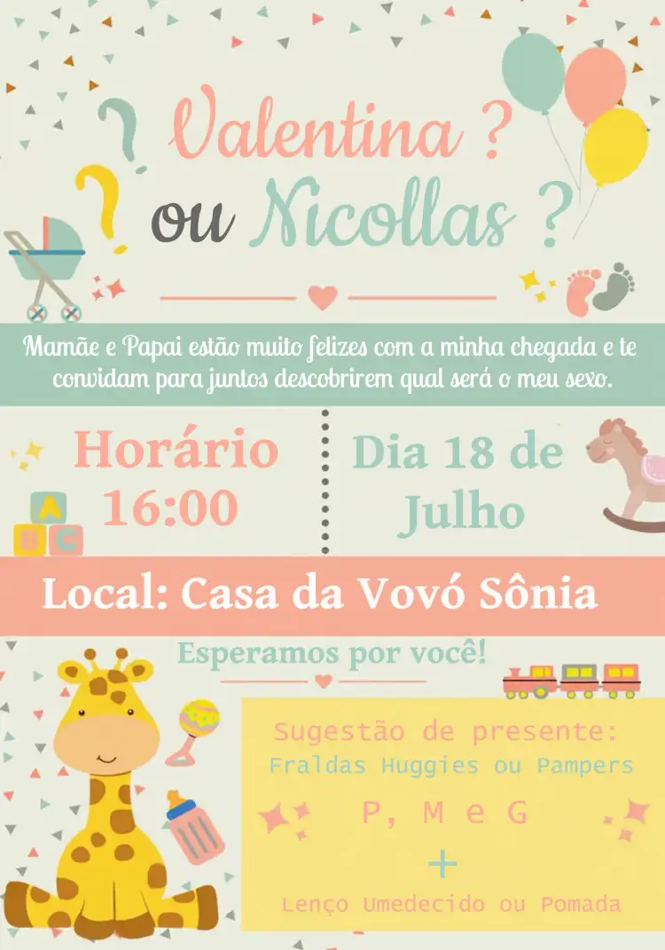 Convite Chá Revelação Girafa – tema Chá Revelação colorido, divertido, infantil, moderno, animais, brinquedos