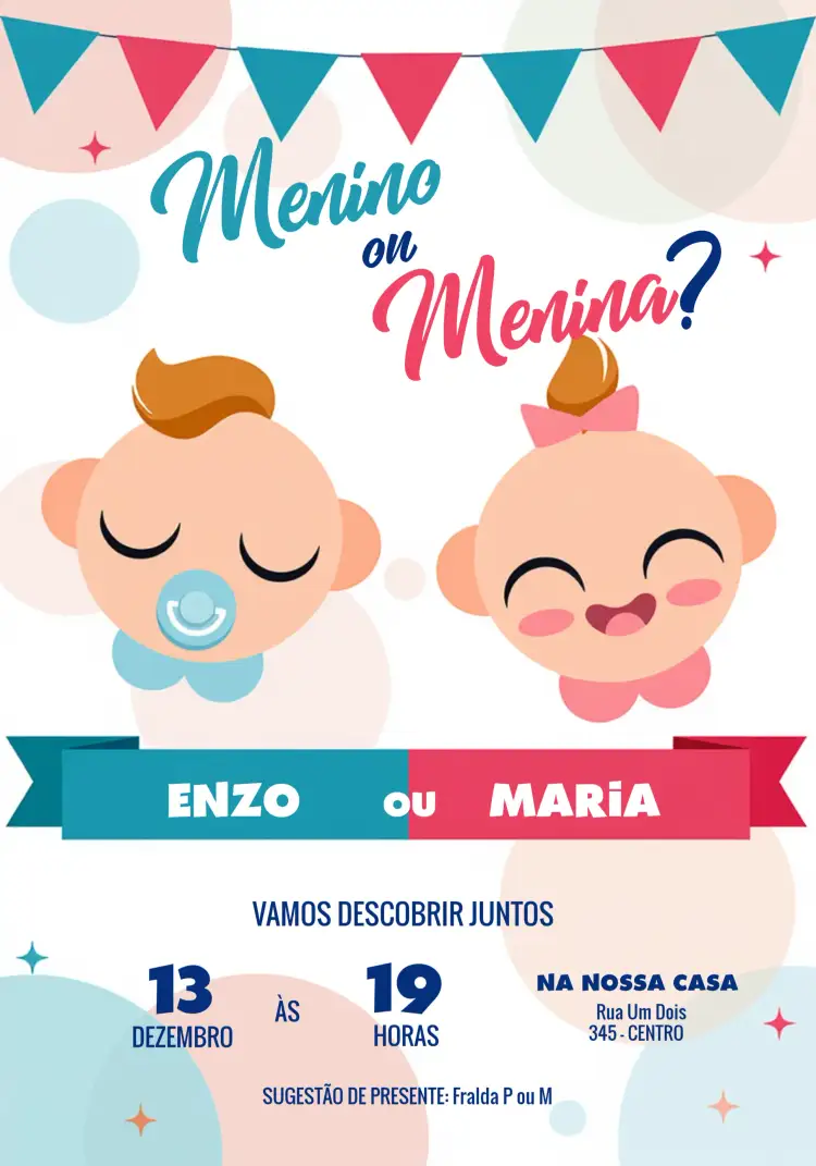Convite Chá Revelação Lilás – tema Chá Revelação lilás, fofo, moderno, infantil, delicado, colorido