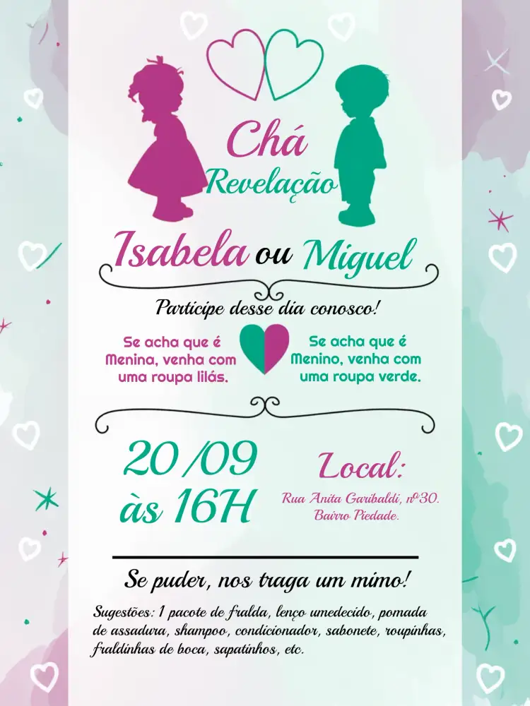 Convite Chá Revelação Lilás E Verde Lilas – tema Chá Revelação lilás, verde, delicado, moderno, gráficos suaves