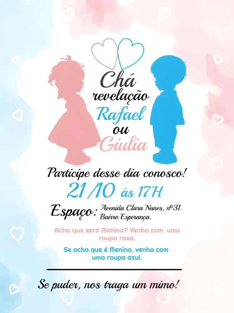 Convite Chá Revelação Menina Ou Menino Azul – tema Chá Revelação azul, lúdico, moderno, divertido, colorido