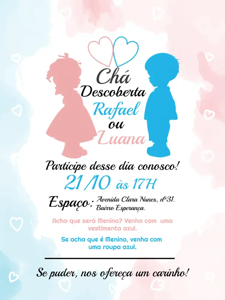 Convite Chá Revelação Menina Ou Menino Azul – tema Chá Revelação azul, lúdico, moderno, divertido, colorido
