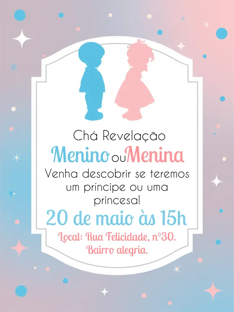 Convite Chá Revelação Menina Ou Menino Azul – tema Chá Revelação moderno, azul, branco, festivo, divertido