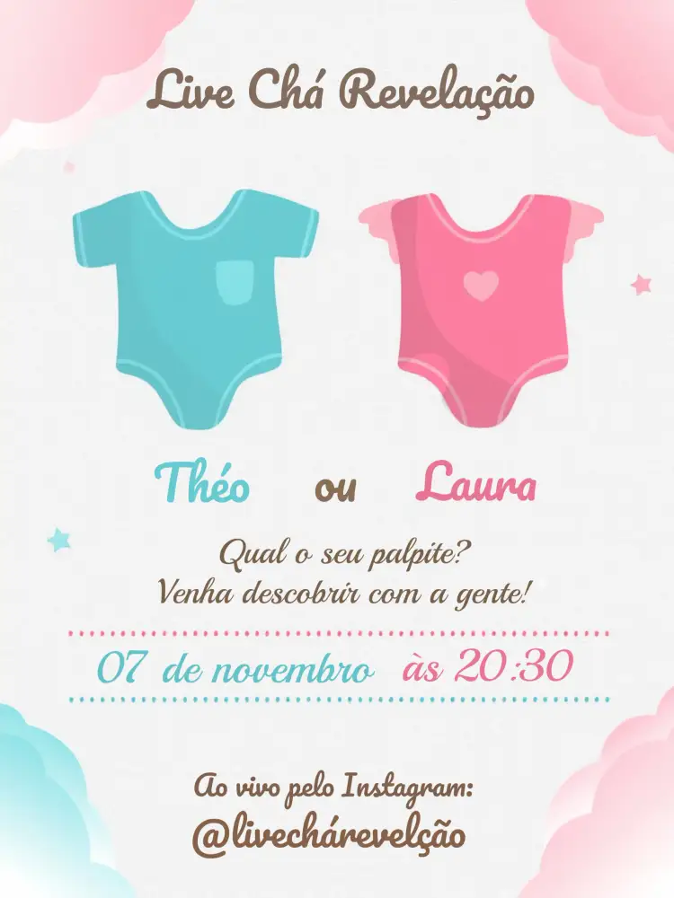 Convite Chá Revelação Menina Ou Menino Coração – tema Chá Revelação branco e azul, branco e rosa, minimalista, lúdico, moderno
