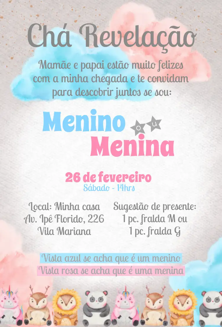 Convite Chá Revelação Menino E Menina Rosa – tema Chá Revelação rosa, azul, moderno, divertido, colorido