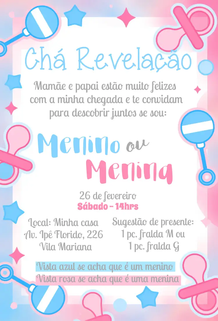 Convite Chá Revelação Menino E Menina Rosa – tema Chá Revelação moderno, divertido, colorido, minimalista, lúdico