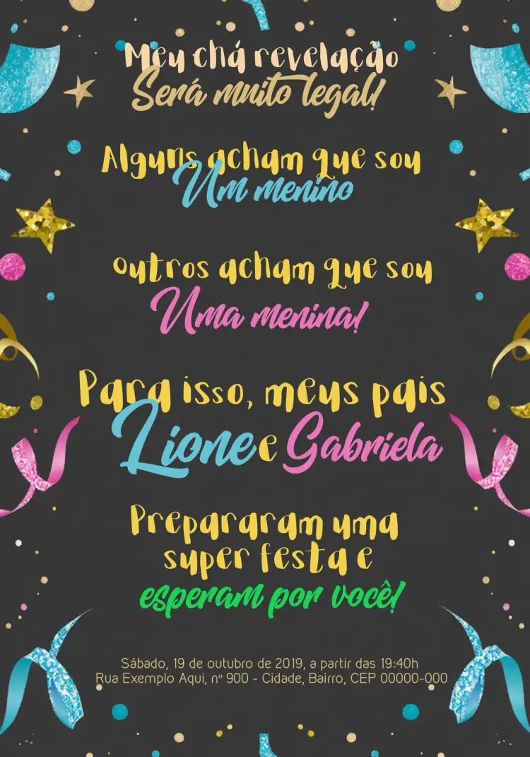 Convite Chá Revelação Menino Ou Menina Azul – tema Chá Revelação moderno, lúdico, azul, divertido, jovial