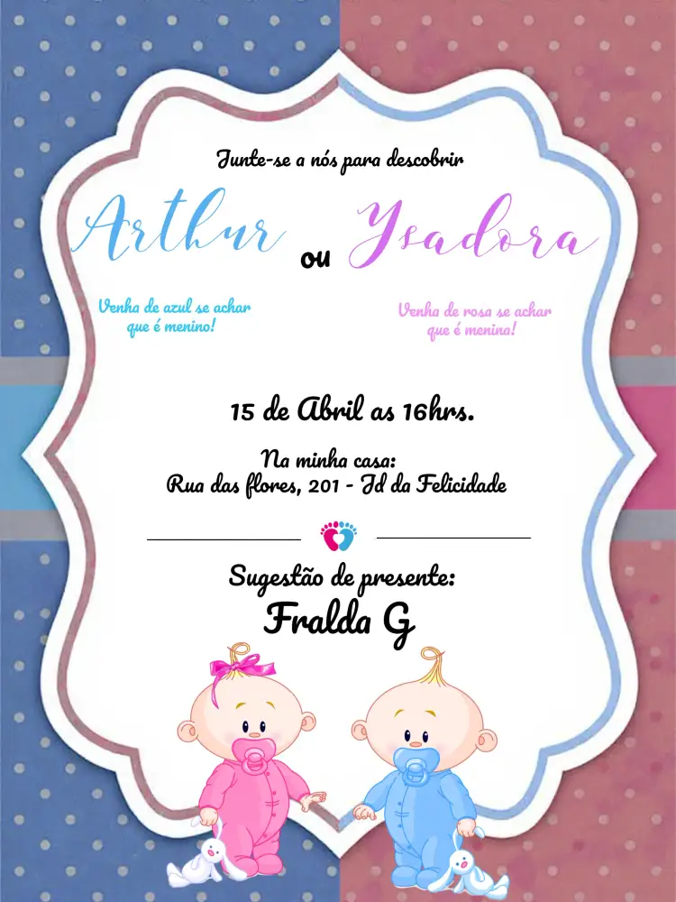Convite Chá Revelação Menino Ou Menina Azul – tema Chá Revelação azul, moderno, lúdico, divertido, minimalista