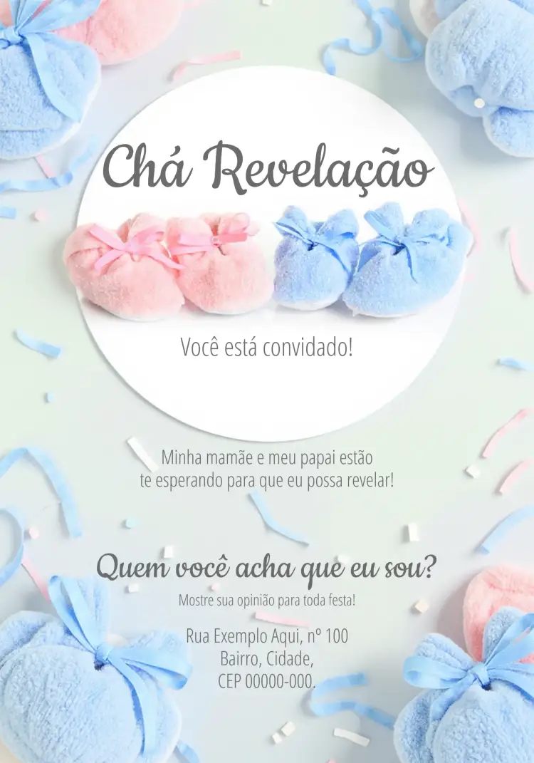 Convite Chá Revelação Menino Ou Menina Azul – tema Chá Revelação azul, moderno, divertido, baby shower, ilustrações de bebê