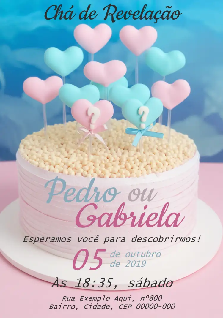 Convite Chá Revelação Menino Ou Menina Baby – tema Chá Revelação delicado, azul e rosa, moderno, fofo, minimalista, festa temática